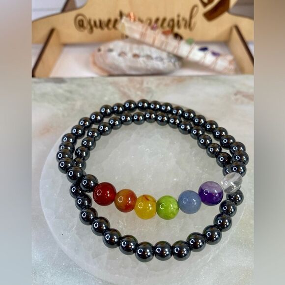 Handmade Hematite Rainbow Chakra Mixed Gemstone Bead Bracelet Set - Picture 1 of 8